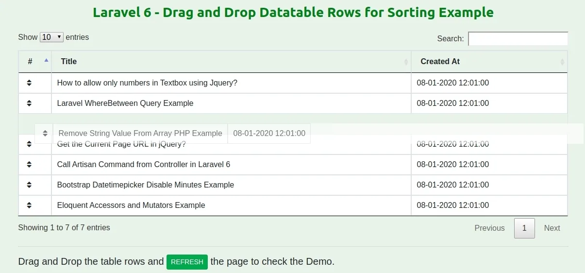 Laravel 7/6 - Drag and Drop Datatable Rows for Sorting Example