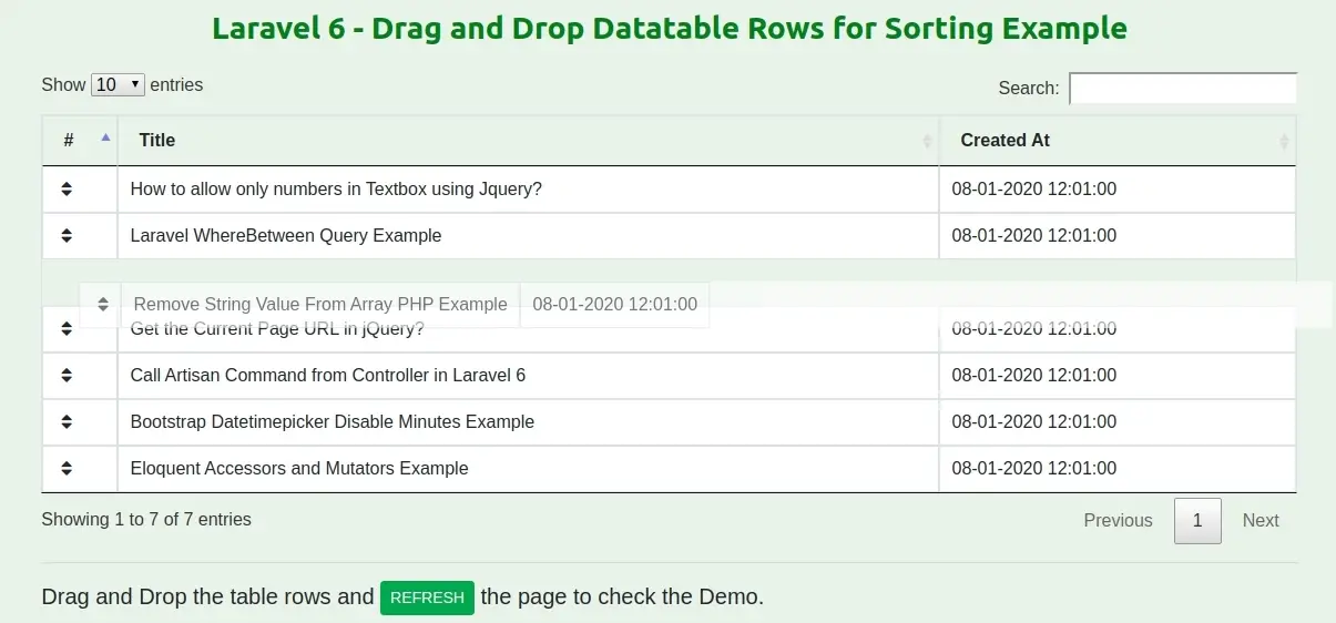 Laravel 7/6 - Drag and Drop Datatable Rows for Sorting Example