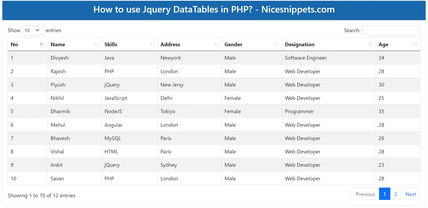 How to use Jquery DataTables in PHP?